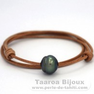 Collana in Cuoio e 1 Perla di Tahiti Cerchiate C 14.4 mm