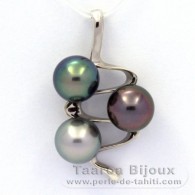 Ciondolo in Argento e 3 Perle di Tahiti Rotonda C di 9.6 a 9.7 mm