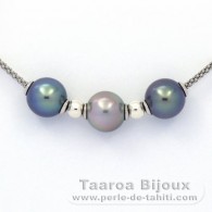 Collana in Argento e 3 Perle di Tahiti Rotonda C+ di 10.2 a 10.4 mm