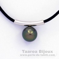 Ciondolo in Argento e 1 Perla di Tahiti Rotonda C 9.7 mm con una collana di cotone nero
