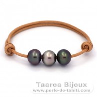 Braccialetto in Cuoio e 3 Perle di Tahiti Semi-Barroca B di 11 a 11.3 mm