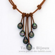 Collana in Cuoio e 6 Perle di Tahiti Cerchiate C di 9.3 a 10 mm