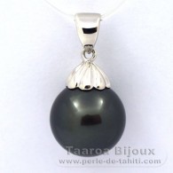 Ciondolo in Argento e 1 Perla di Tahiti Rotonda C 12.5 mm