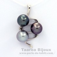 Ciondolo in Argento e 3 Perle di Tahiti Rotonda C  9.5 a 9.7 mm