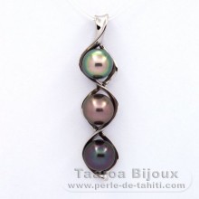 Ciondolo in Argento e 3 Perle di Tahiti Semi-Barroca C  9.6 a 9.8 mm