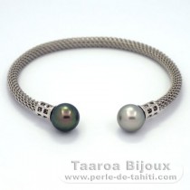 Braccialetto in Argento e 2 Perle di Tahiti Rotonda C 9.6 e 9.8 mm