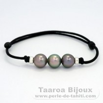 Braccialetto in Cotone e 3 Perle di Tahiti Semi-Barroca C 9.5 mm