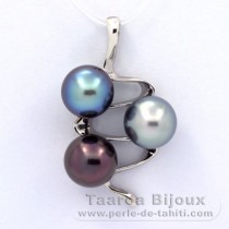 Ciondolo in Argento e 3 Perle di Tahiti Semi-Barroca C+  9.5 a 9.8 mm