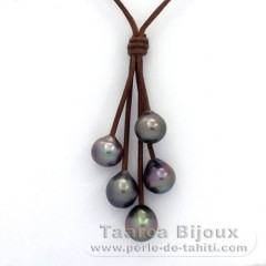 Collana in Cuoio e 5 Perle di Tahiti Semi-Barroca B/C  10 a 10.3 mm