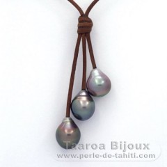 Collana in Cuoio e 3 Perle di Tahiti Semi-Barroca B  10.1 a 10.3 mm
