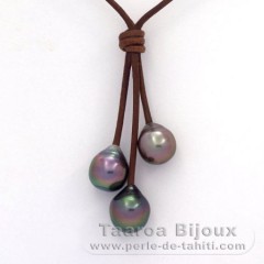 Collana in Cuoio e 3 Perle di Tahiti Semi-Barocche B  9.7 a 10.2 mm