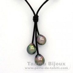 Collana in Cuoio e 3 Perle di Tahiti Semi-Barroca B  9 a 9.3 mm