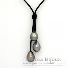 Collana in Cuoio e 3 Perle di Tahiti Semi-Barroca B  9.6 a 9.9 mm