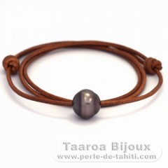 Collana in Cuoio e 1 Perla di Tahiti Cerchiate C 13.2 mm