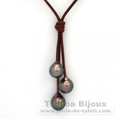 Collana in Cuoio e 3 Perle di Tahiti Semi-Barocche B  9.5 a 9.9 mm