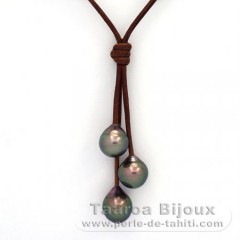 Collana in Cuoio e 3 Perle di Tahiti Semi-Barroca B  9.5 a 9.9 mm