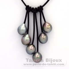Collana in Cuoio e 6 Perle di Tahiti Semi-Barroca B  9.5 a 9.9 mm