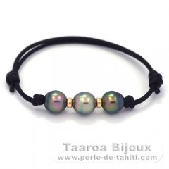 Braccialetto in Cotone e 3 Perle di Tahiti Semi-Barroca B 8.8 mm