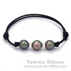 Braccialetto in Cotone e 3 Perle di Tahiti Semi-Barroca C  9 a 9.2 mm