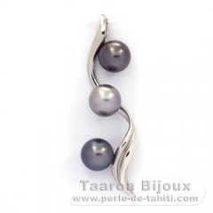 Ciondolo in Argento e 3 Perle di Tahiti Rotonda C  9.2 a 9.3 mm