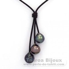 Collana in Cuoio e 3 Perle di Tahiti Cerchiate C  10 a 10.5 mm