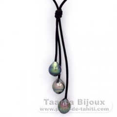 Collana in Cuoio e 3 Perle di Tahiti Cerchiate B  9.5 a 9.6 mm