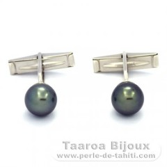 Gemelli in Argento e 2 Perle di Tahiti Semi-Rotonda C 9.3 mm