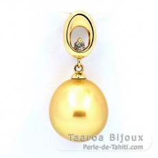 Ciondolo in Oro 14K + 1 Diamante 0.04 carati VS1 e 1 Perla de Australia Semi-Barocca A 11.2 mm
