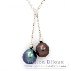 Collana in Argento e 2 Perle di Tahiti Semi-Barroca C+ 9.6 mm