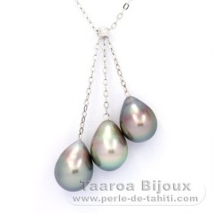 Collana in Argento e 3 Perle di Tahiti Semi-Barroca B 9.1 a 9.4 mm