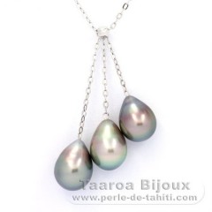 Collana in Argento e 3 Perle di Tahiti Semi-Barocche B 9.1 a 9.4 mm