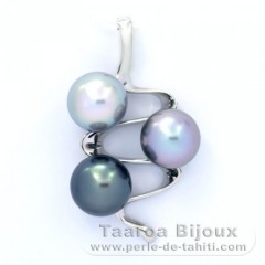 Ciondolo in Argento e 3 Perle di Tahiti Semi-Rotonda C 9.4 a 9.6 mm
