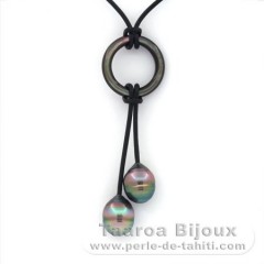 Collana in Cuoio e 2 Perle di Tahiti Cerchiate C+ 10.3 mm