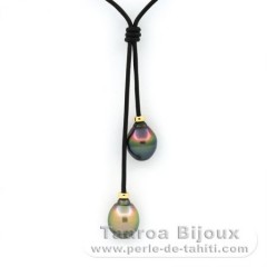Collana in Cuoio e 2 Perle di Tahiti Cerchiate B 10.8 mm