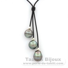 Collana in Cuoio e 3 Perle di Tahiti Cerchiate B/C 12 a 11.5 mm