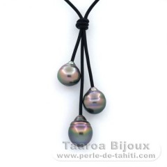 Collana in Cuoio e 3 Perle di Tahiti Cerchiate B/C 11 a 11.4 mm