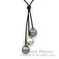 Collana in Cuoio e 3 Perle di Tahiti Cerchiate C da 11.5 a 11.9 mm