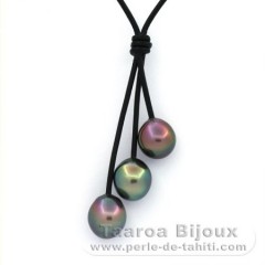 Collana in Cuoio e 3 Perle di Tahiti Semi-Barroca B/C di 10.1 a 10.3 mm