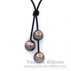 Collana in Cuoio e 3 Perle di Tahiti Semi-Barroca B/C di 10 a 10.4 mm
