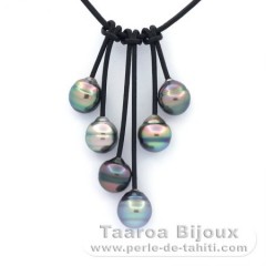 Collana in Cuoio e 6 Perle di Tahiti Cerchiate B/C 10 a 10.5 mm
