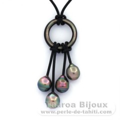 Collana in Cuoio e 4 Perle di Tahiti Cerchiate B/C 8.4 a 8.9 mm