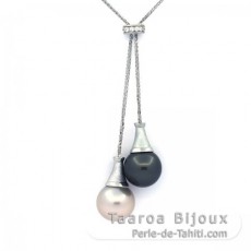 Collana in Argento e 2 Perle di Tahiti Rotonde C 12.9 mm