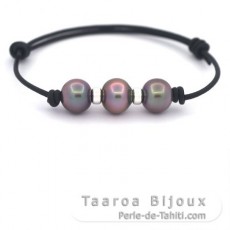 Braccialetto in Cuoio e 3 Perle di Tahiti Semi-Barocca B 10 mm