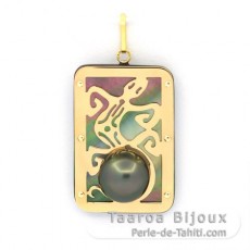 Ciondolo in Oro 18K, Madreperla e 1 met perla di Tahiti - Diametro = 28 x 19 mm - Gecko