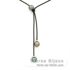 Collana in Cuoio e 3 Perle di Tahiti Rotonda C 9.3 a 9.7 mm