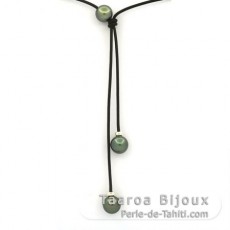 Collana in Cuoio e 3 Perle di Tahiti Rotonda C 9.5 a 9.8 mm