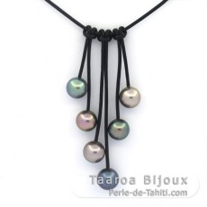 Collana in Cuoio e 6 Perle di Tahiti Rotonde C 10 a 10.4 mm