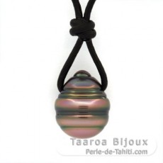 Collana in Cuoio e 1 Perla di Tahiti Cerchiata C 11 mm