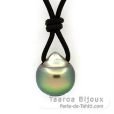Collana in Cuoio e 1 Perla di Tahiti Cerchiate C 10.7 mm