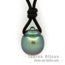 Collana in Cuoio e 1 Perla di Tahiti Cerchiata C 12.5 mm